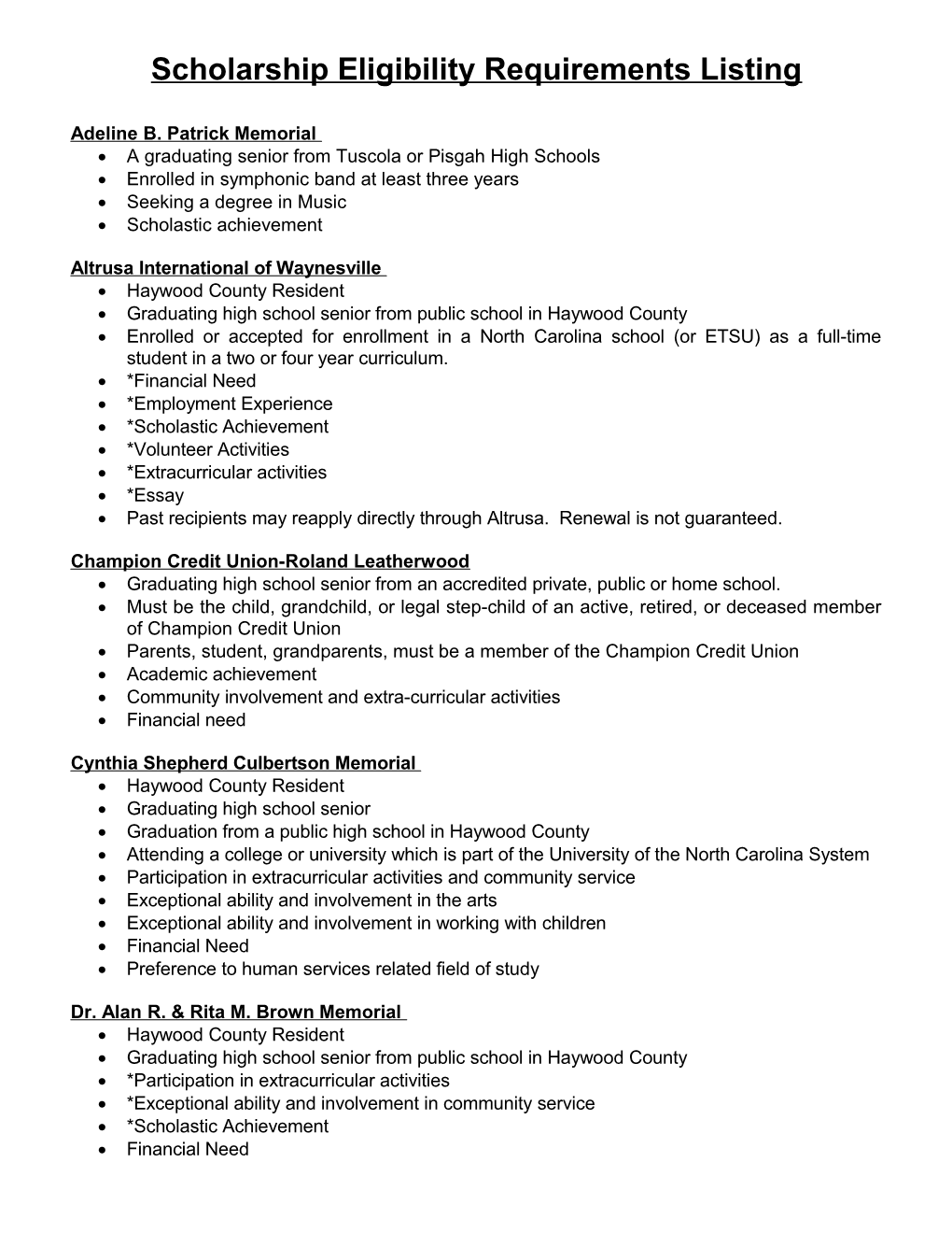 Scholarship Eligibility Requirements Listing