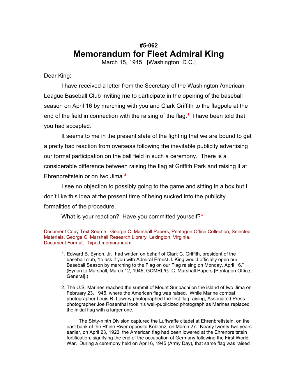 Memorandum for Fleet Admiral King
