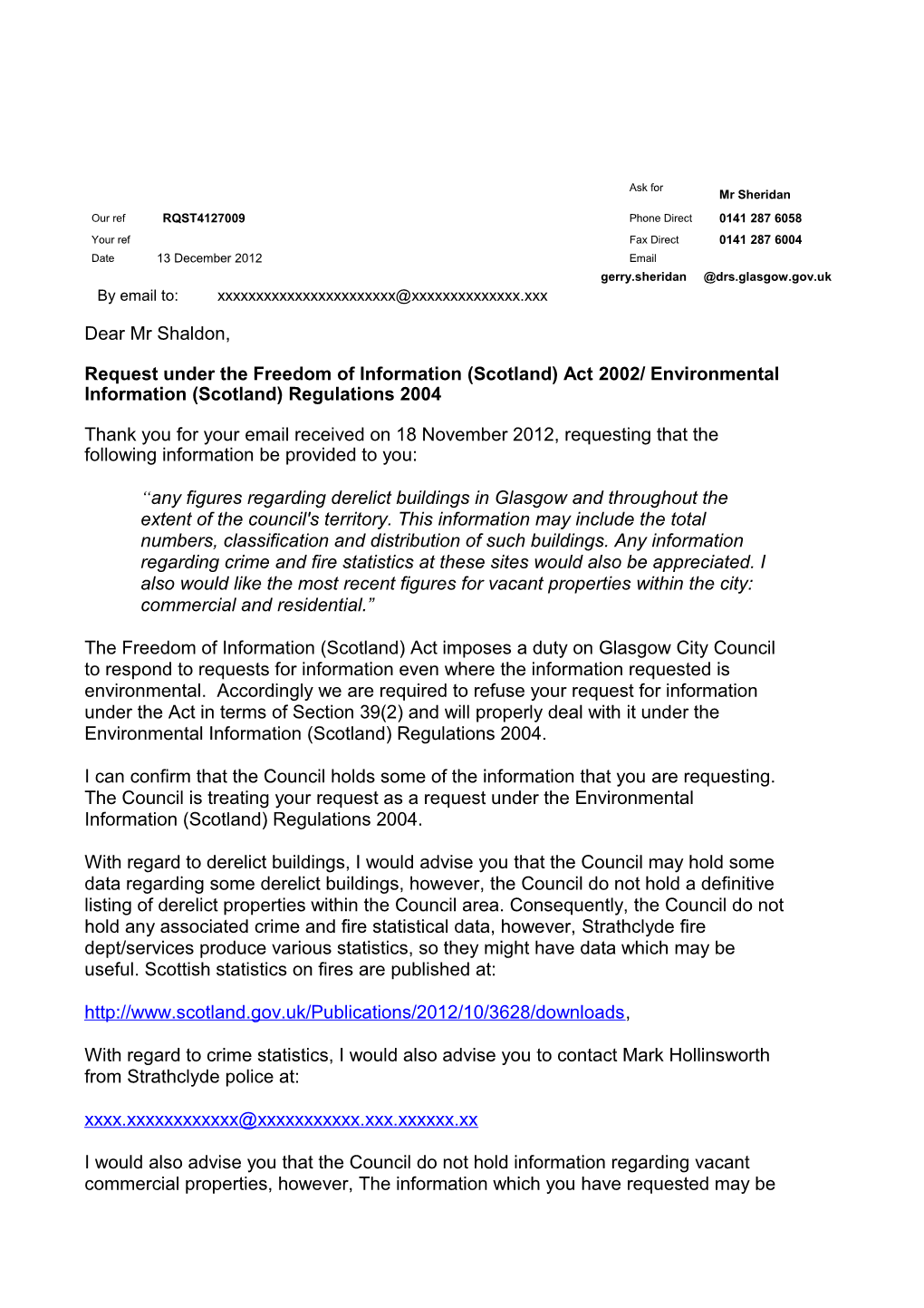 Request Under the Freedom of Information (Scotland) Act 2002/ Environmental Information