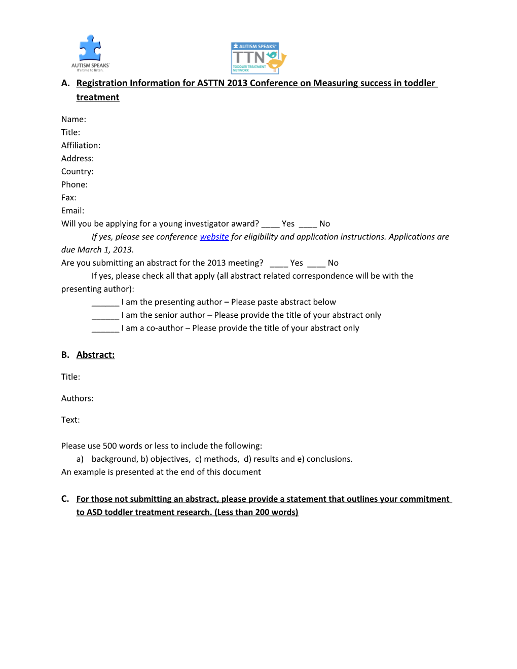 A. Registration Information for ASTTN 2013 Conference on Measuring Success in Toddler