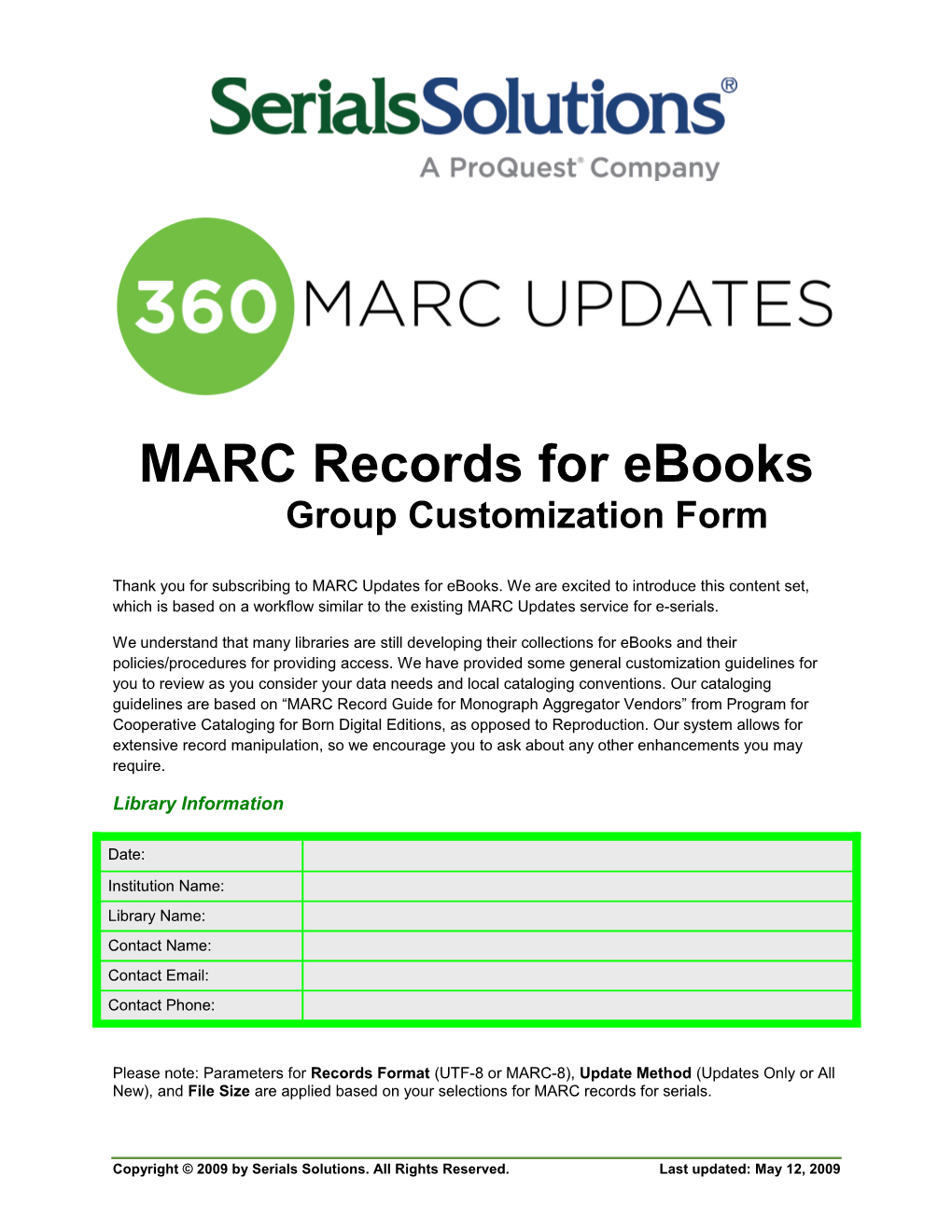 MARC Records for Ebooks Group Customization Form