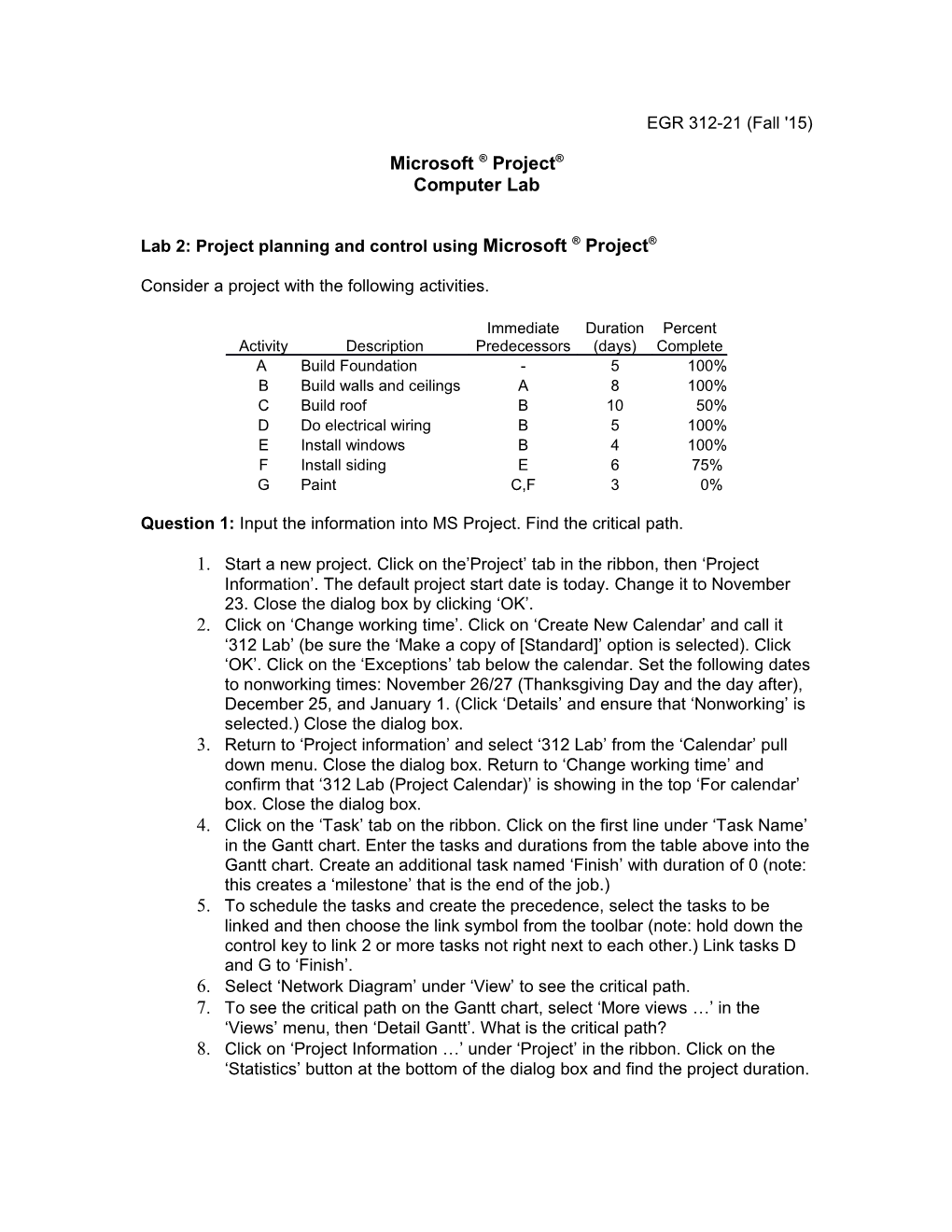 Lab 2: Project Planning and Control Using Microsoft Project