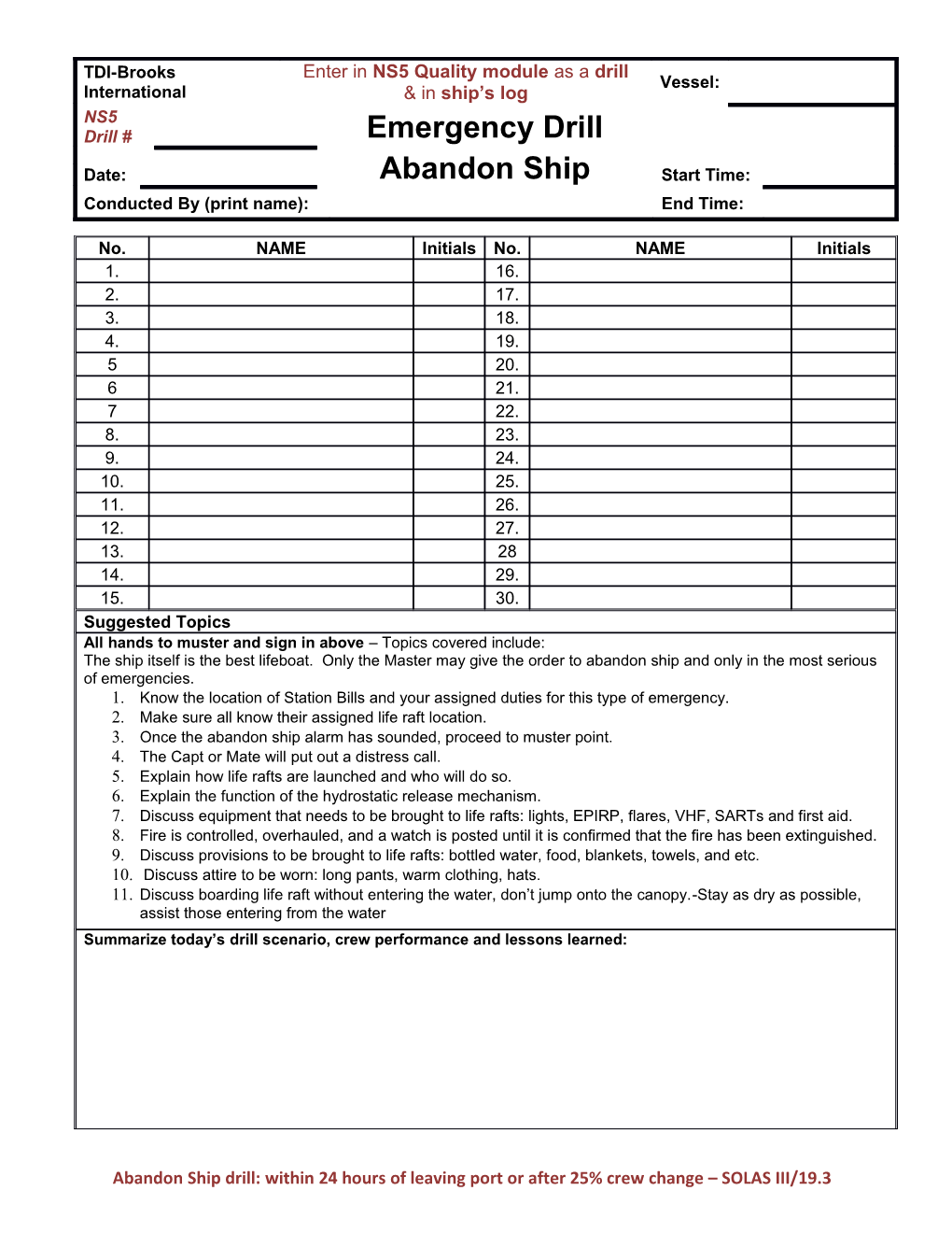 Abandon Ship Drill: Within 24 Hours of Leaving Port Or After 25% Crew Change SOLAS III/19.3