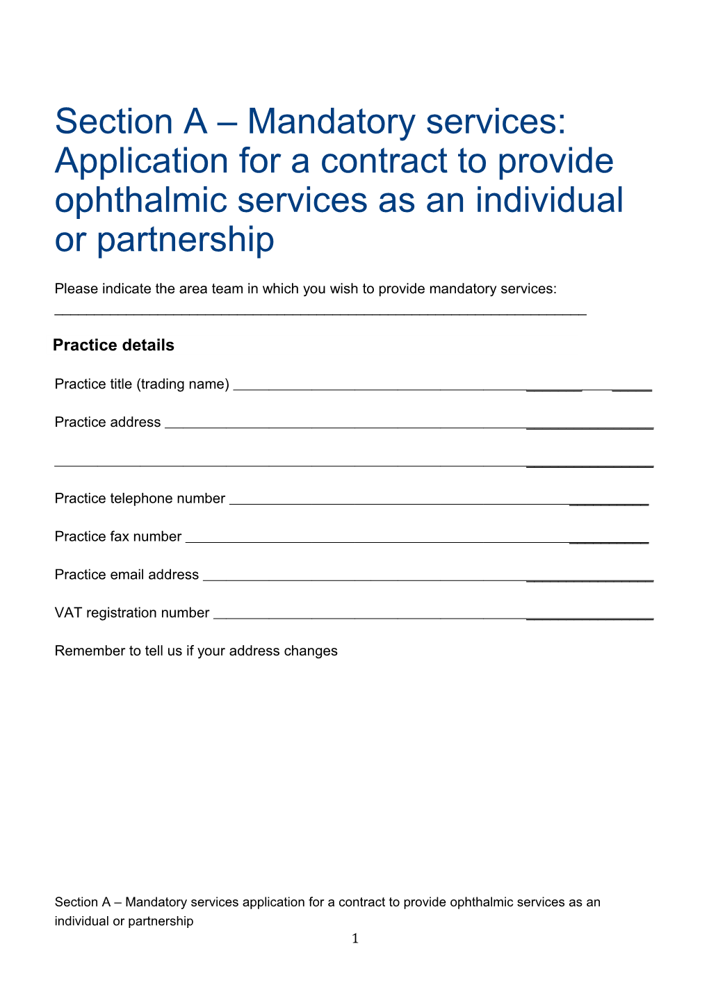 Section a Mandatory Services: Application for a Contract to Provide Ophthalmic Services