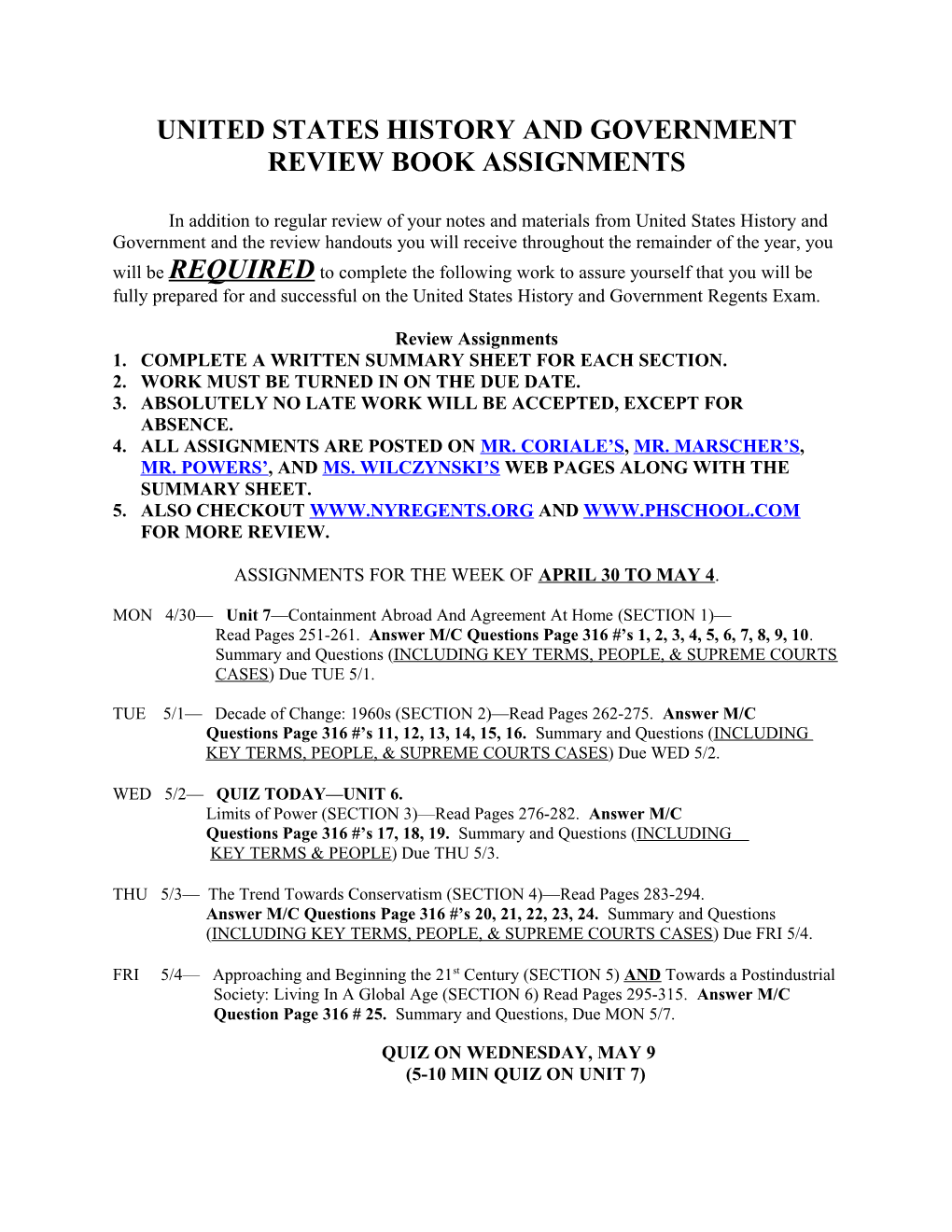 United States History and Government Review Book Assignments