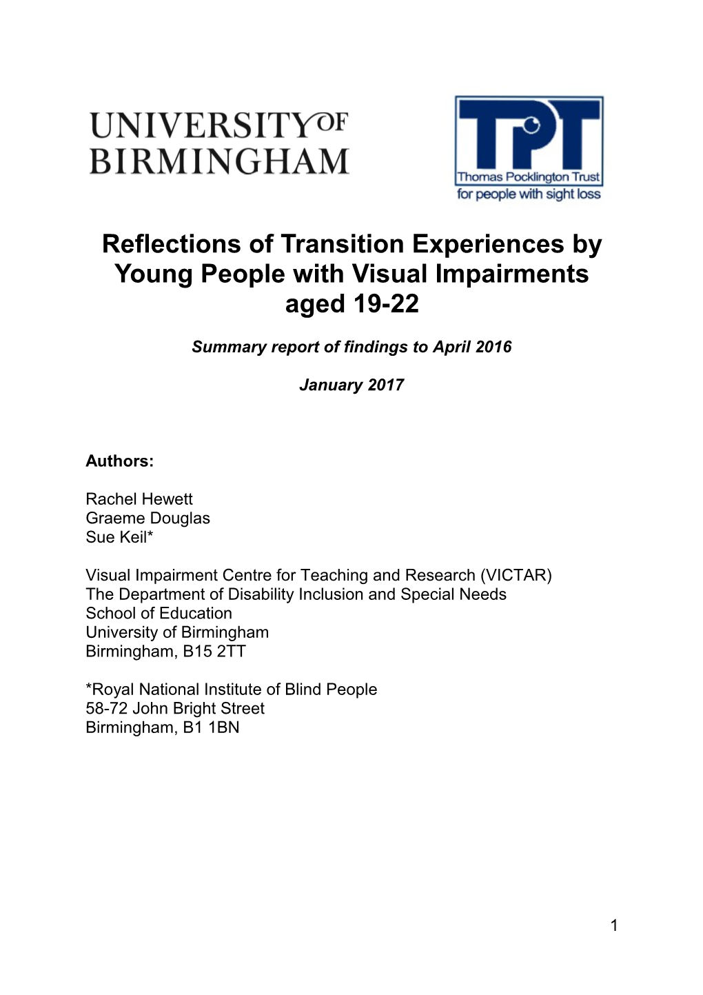 Reflections of Transition Experiences by Young People with Visual Impairments Aged 19-22