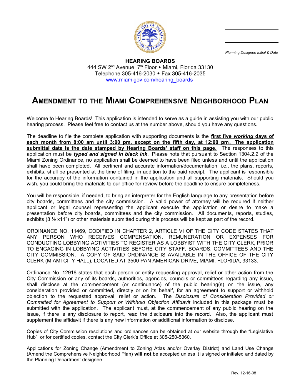 Amendment to the Miami Comprehensive Neighborhood Plan