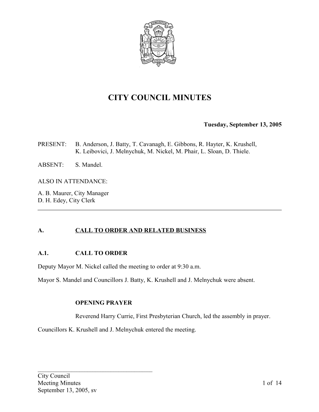 Minutes for City Council September 13, 2005 Meeting