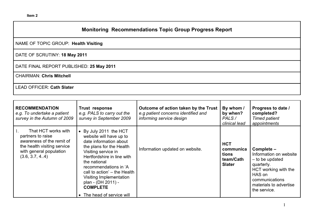 Review of Recommendations Topic Group Progress Report