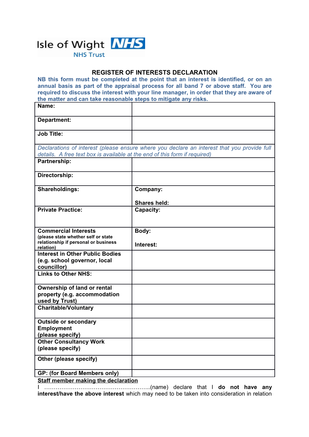 Register of Interests Declaration