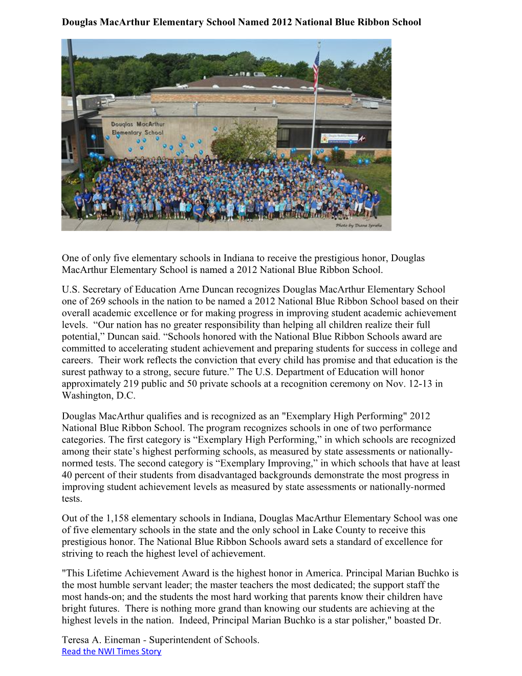 Douglas Macarthur Elementary School Named 2012 National Blue Ribbon School