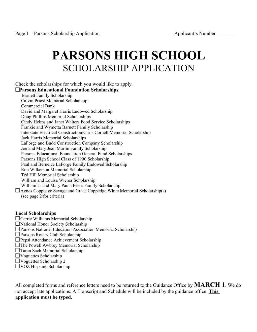 Page 1 Parsons Scholarship Application Applicant S Number ______