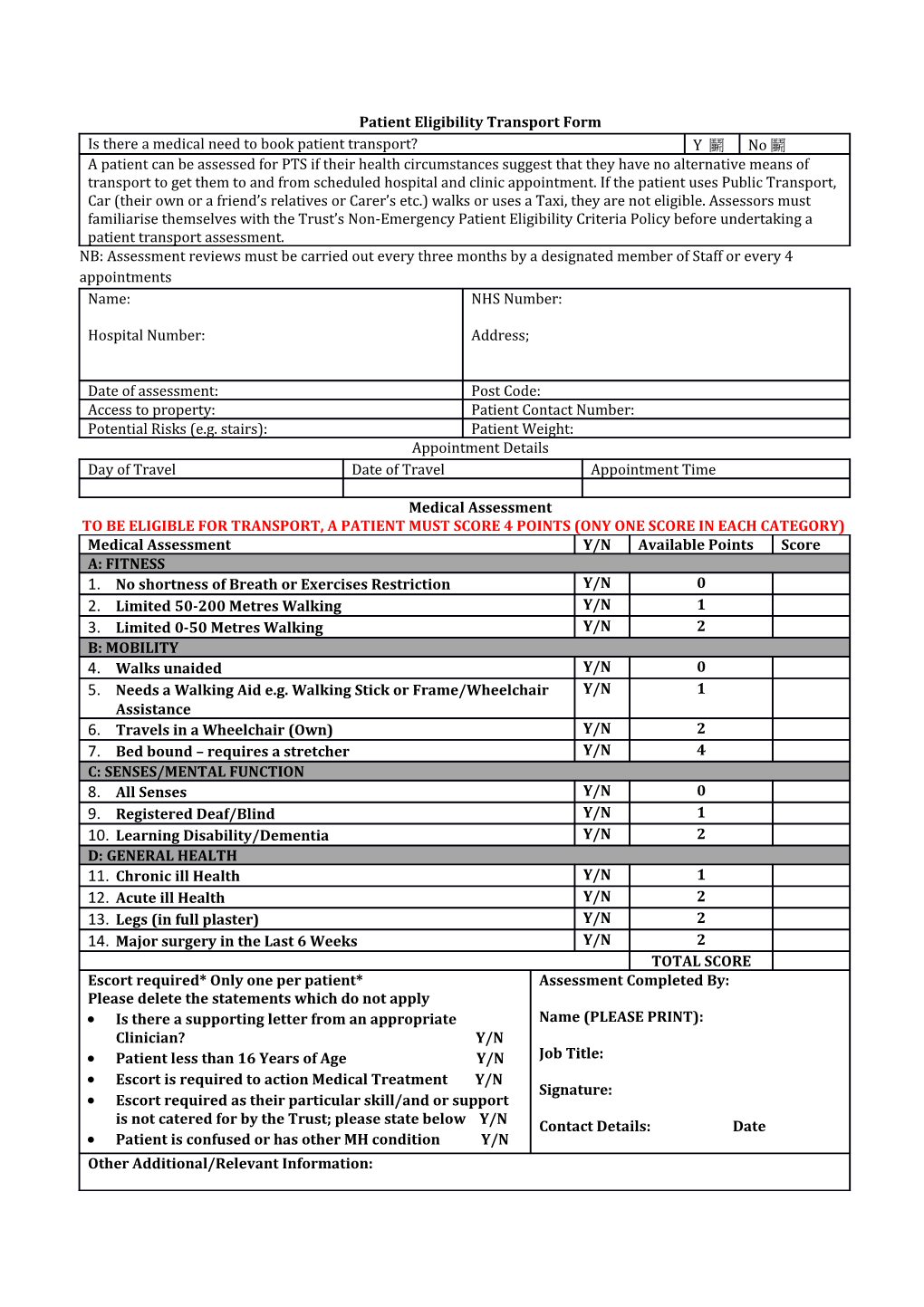 Patient Eligibility Transport Form - to Be Uploaded on to the Patients Clinical System Record