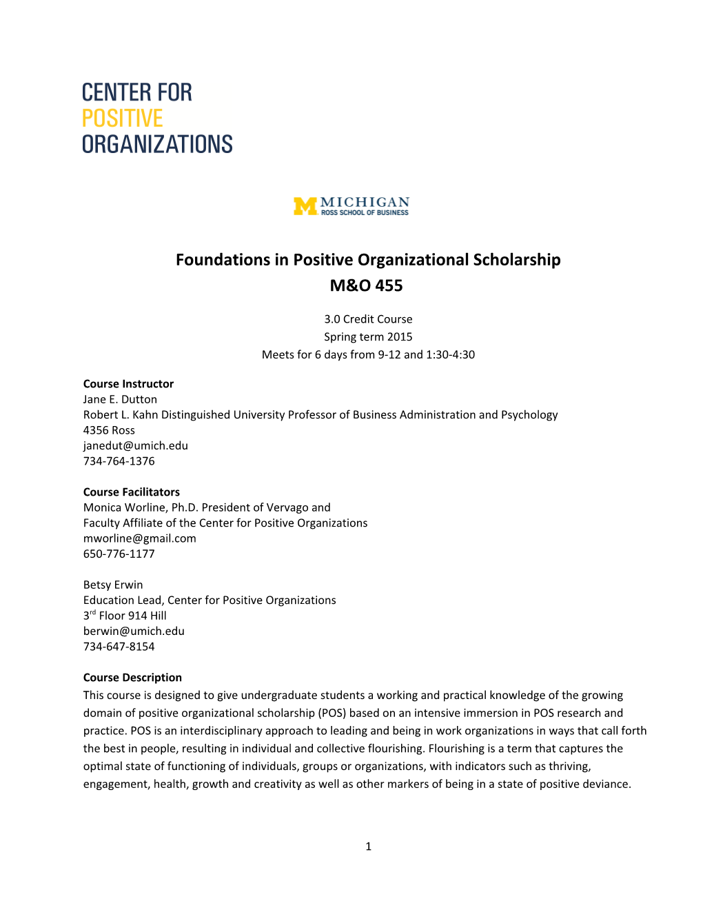 Foundations in Positive Organizational Scholarship M&O 455