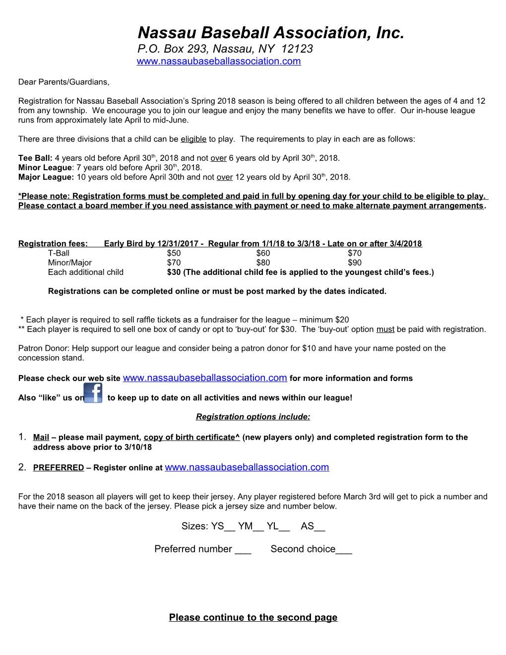 Nassau Baseball Association Registration Form