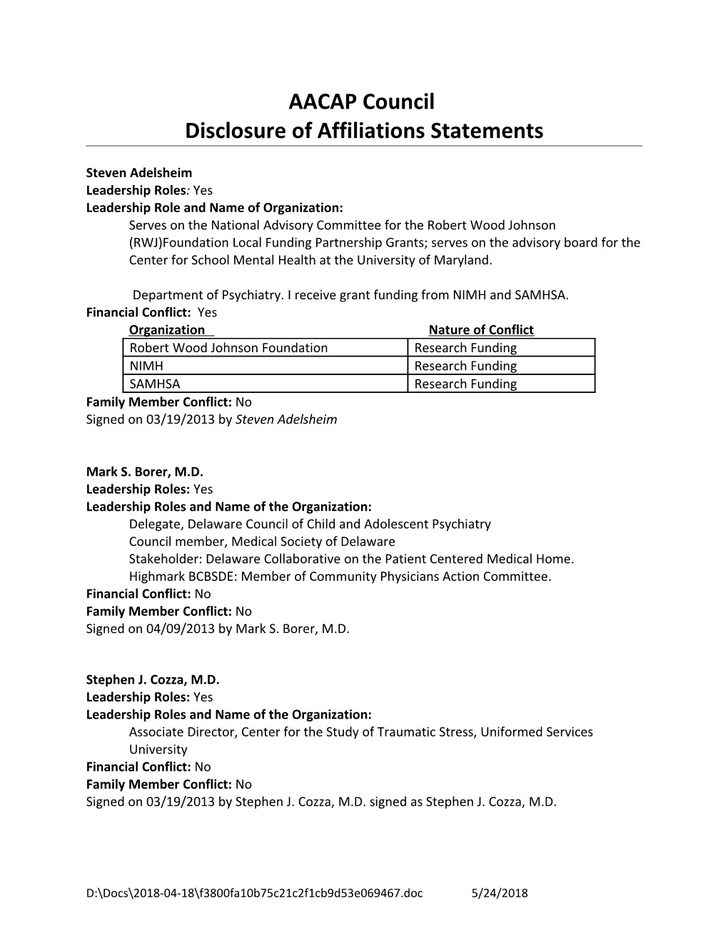 Disclosure of Affiliations Statements