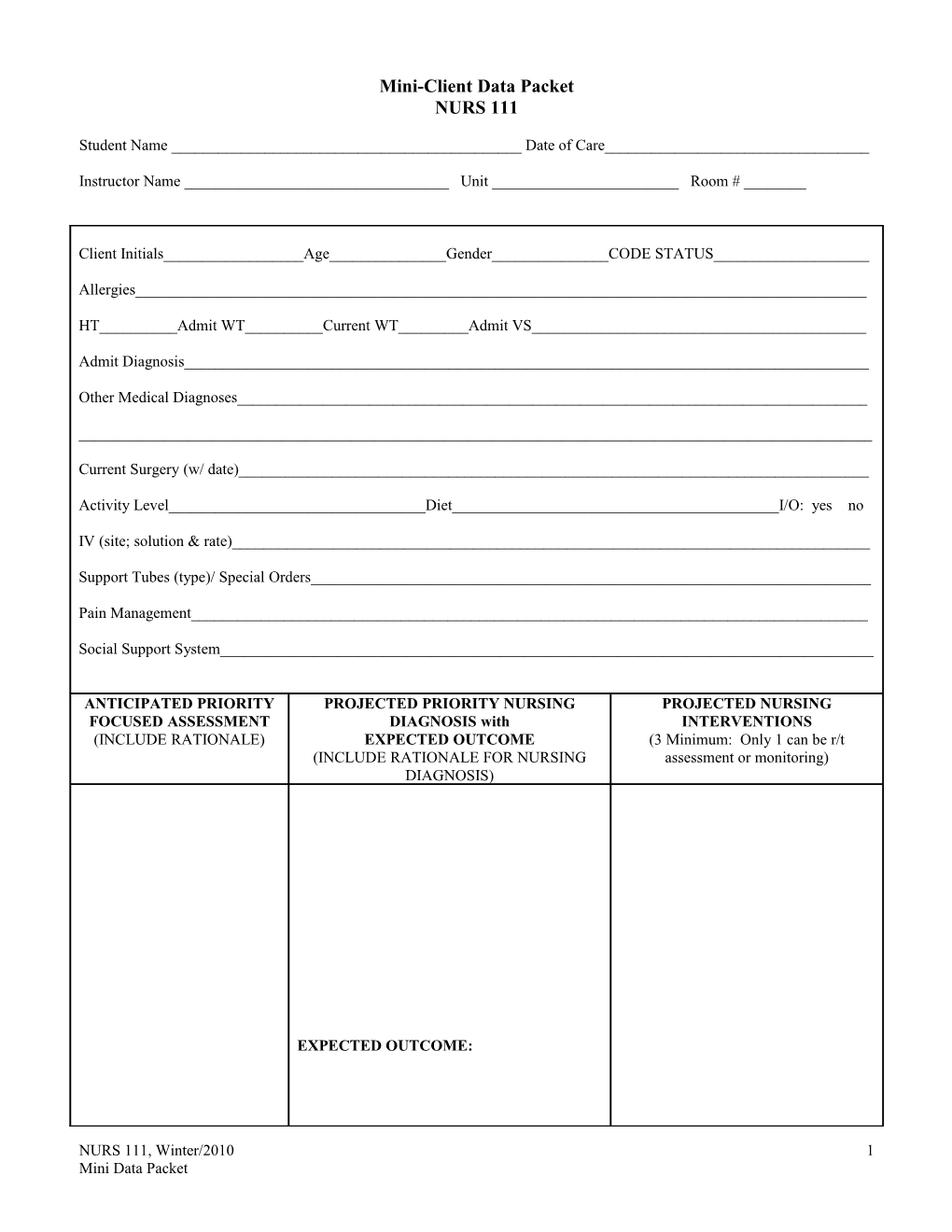 NURS 111 Major Client Data Packet