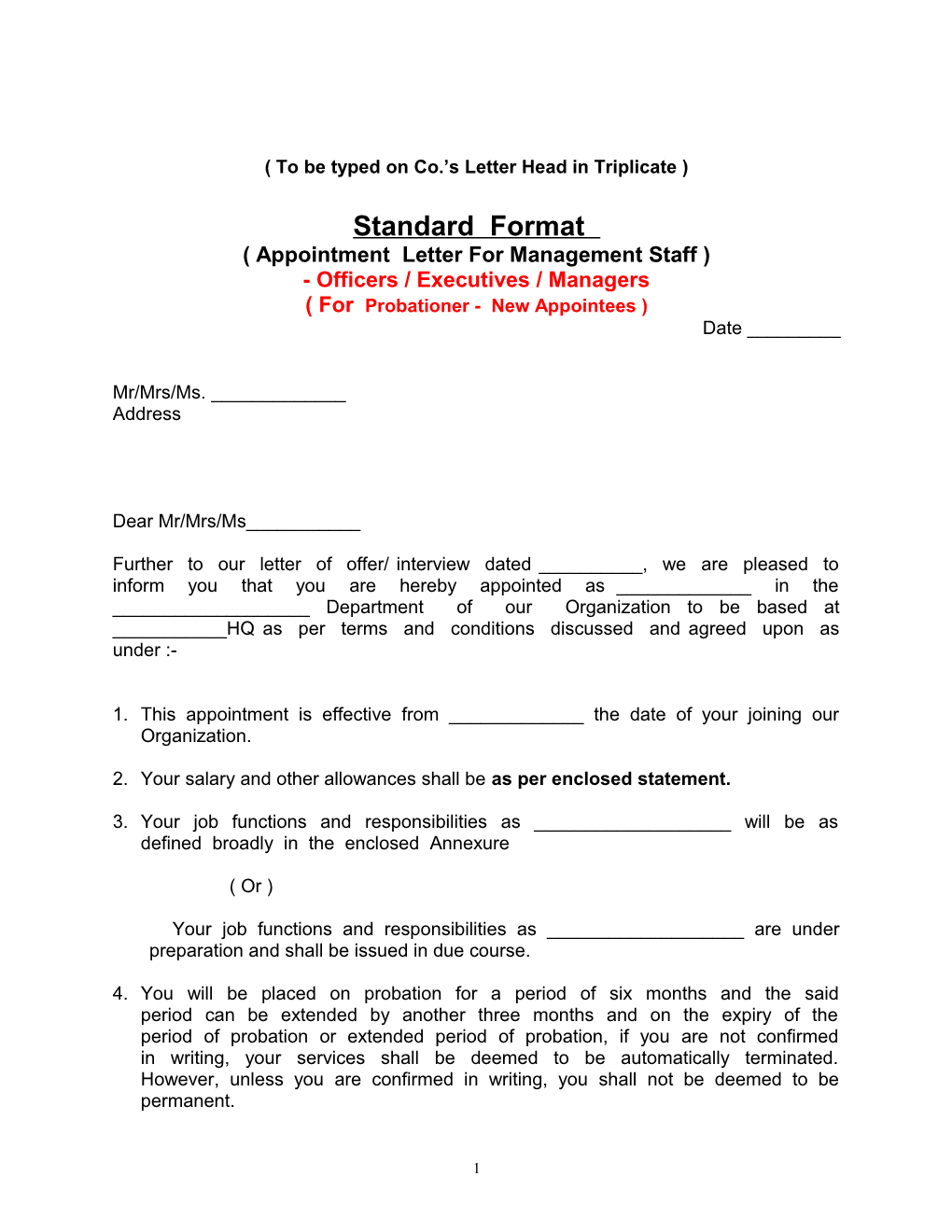 STANDARD FORMAT of APPOINTMENT LETTER for Management Staff