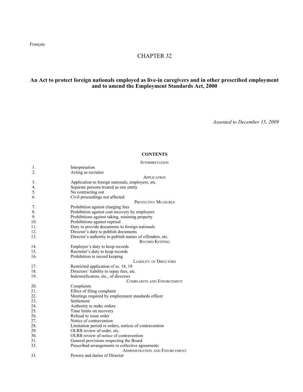 Employment Protection for Foreign Nationals Act (Live-In Caregivers and Others), 2009