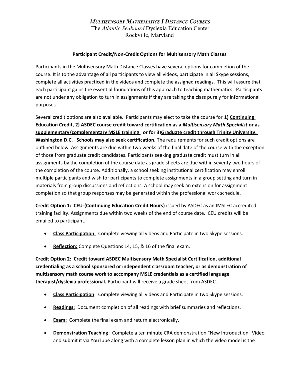 Multisensory Mathematics I Distance Courses