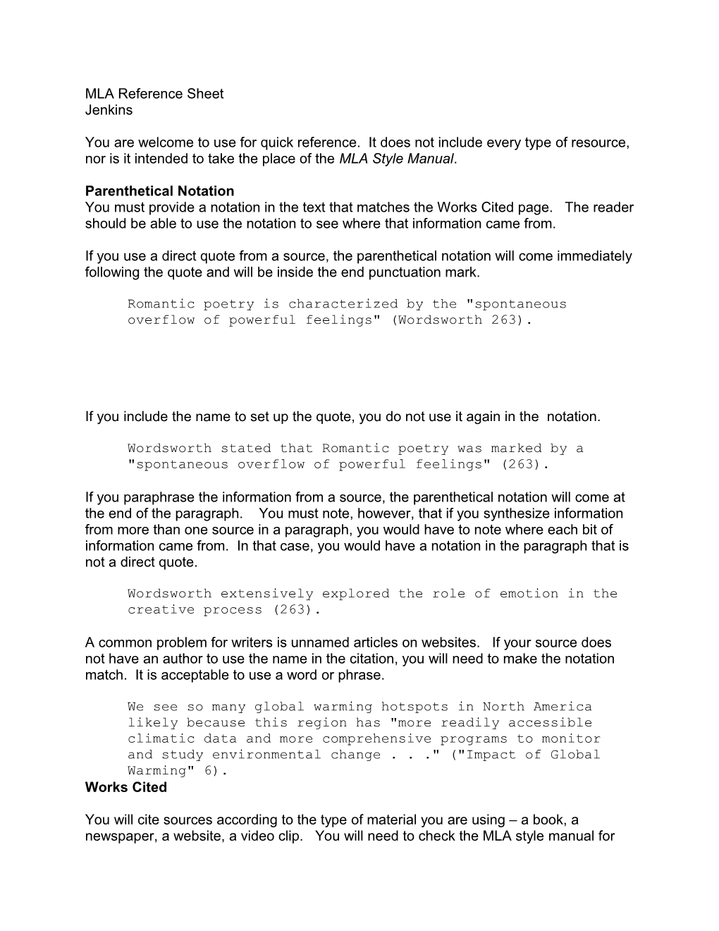 MLA Reference Sheet