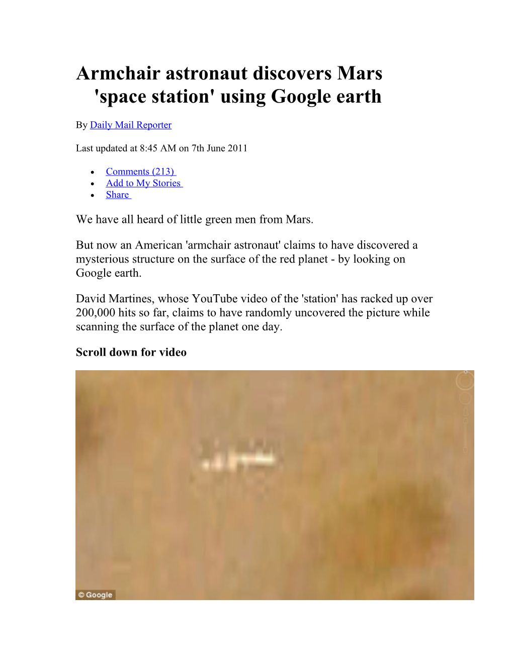 Armchair Astronaut Discovers Mars 'Space Station' Using Google Earth