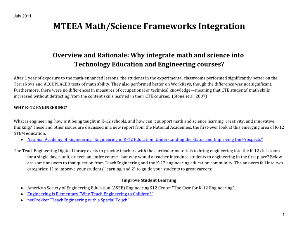 MTEEA Math/Science Frameworks Integration