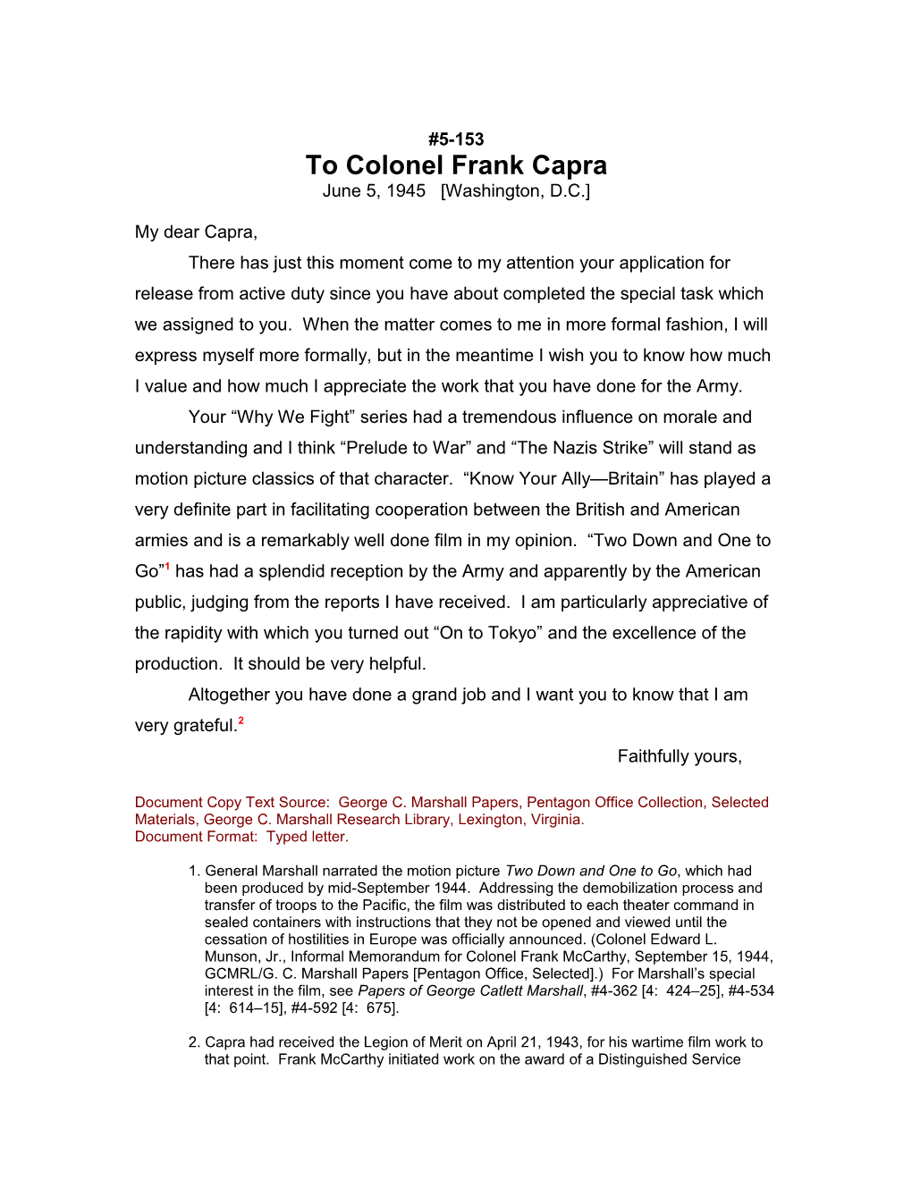 To Colonel Frank Capra