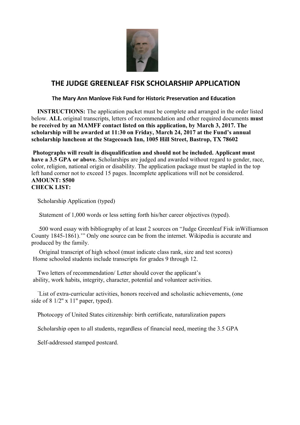 The Judge Greenleaf Fisk Scholarship Application