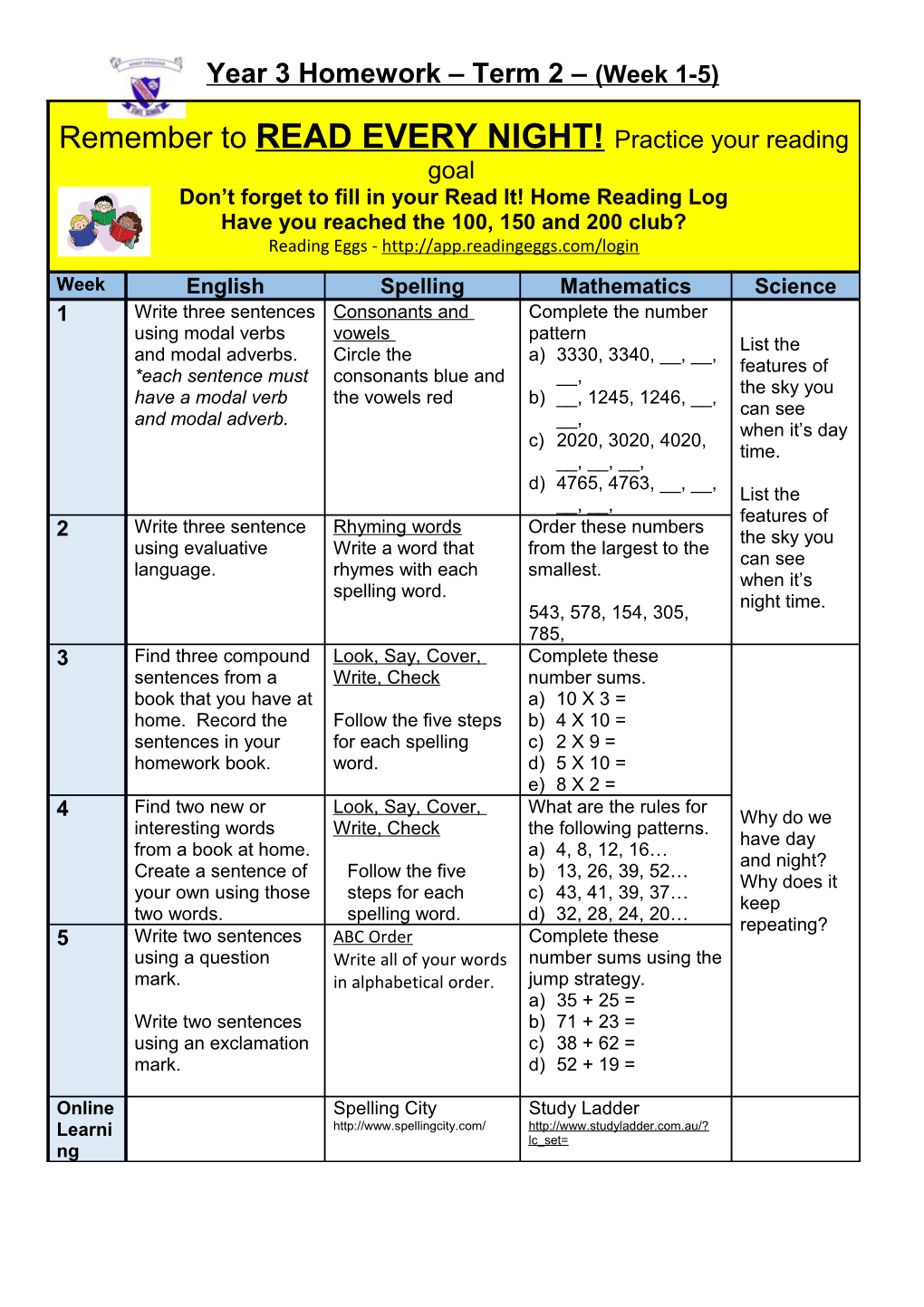 Year 3 Homework T2 Wk 1-5