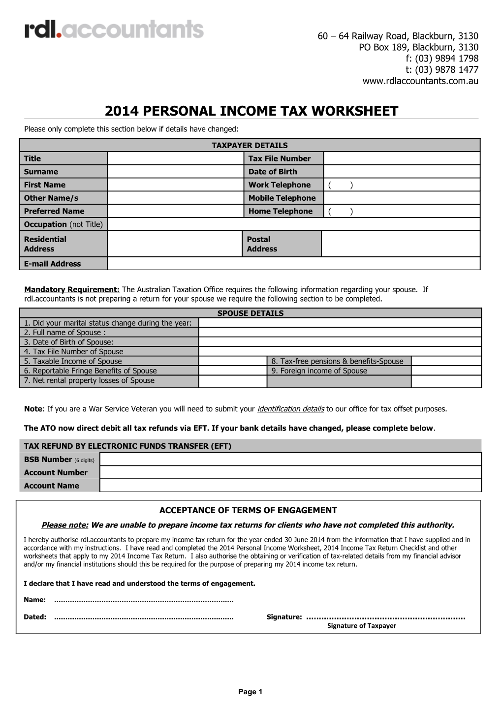 Personal Income Tax Worksheet 2003