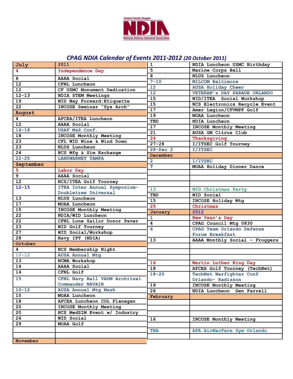 CPAG NDIA Calendar of Events 2011-2012 (20 October 2011)