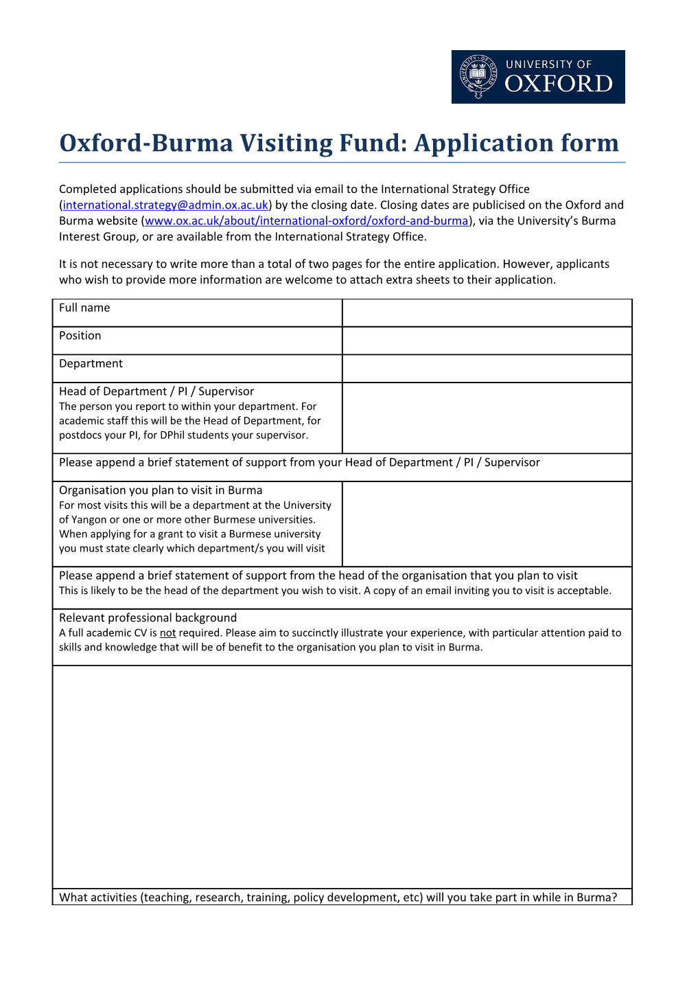 Oxford-Burma Visiting Fund: Application Form