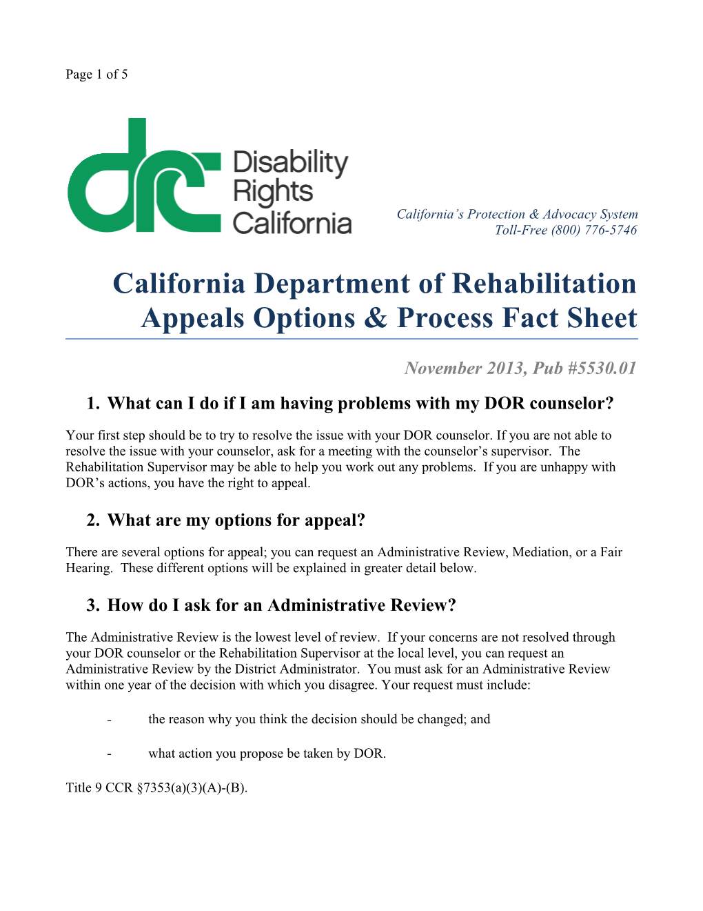 California Department of Rehabilitation Appeals Options & Process Fact Sheet