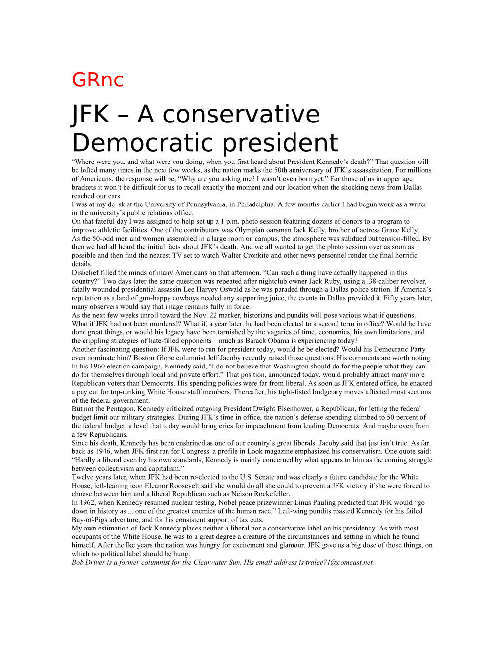 JFK a Conservative Democratic President