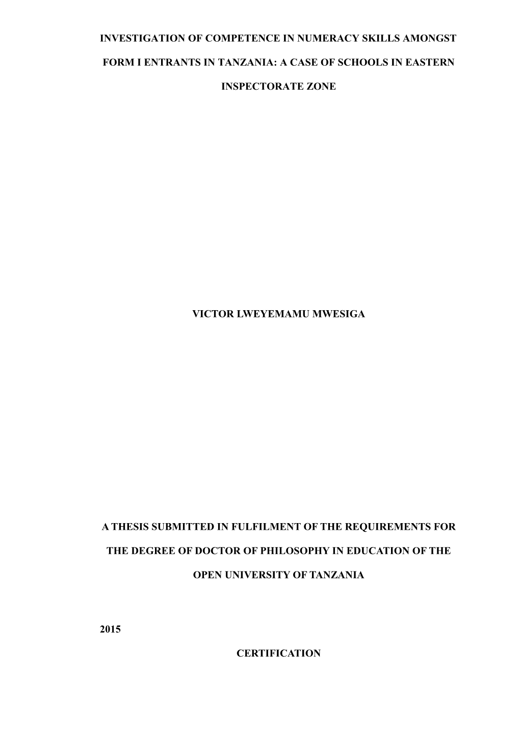 Investigation of Competence in Numeracy Skills Amongst