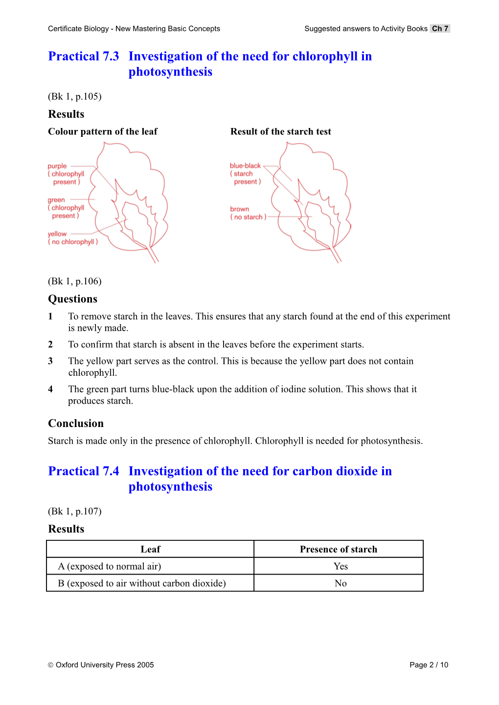 Certificate Biology - New Mastering Basic Concepts Suggested Answers to Activity Books Ch 7