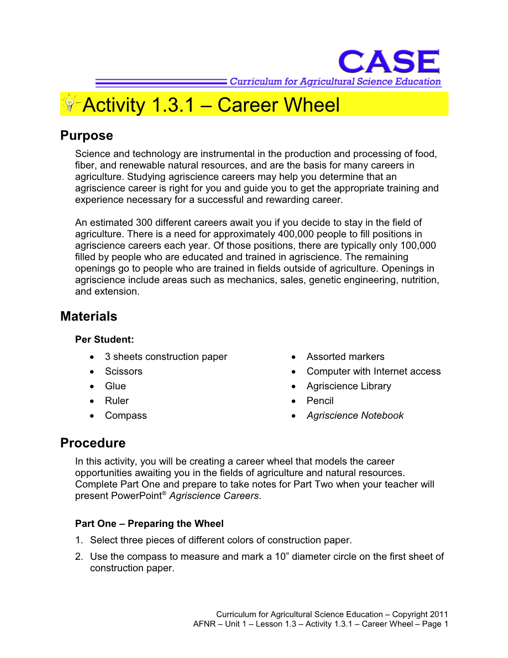 Activity 1.3.1 Career Wheel