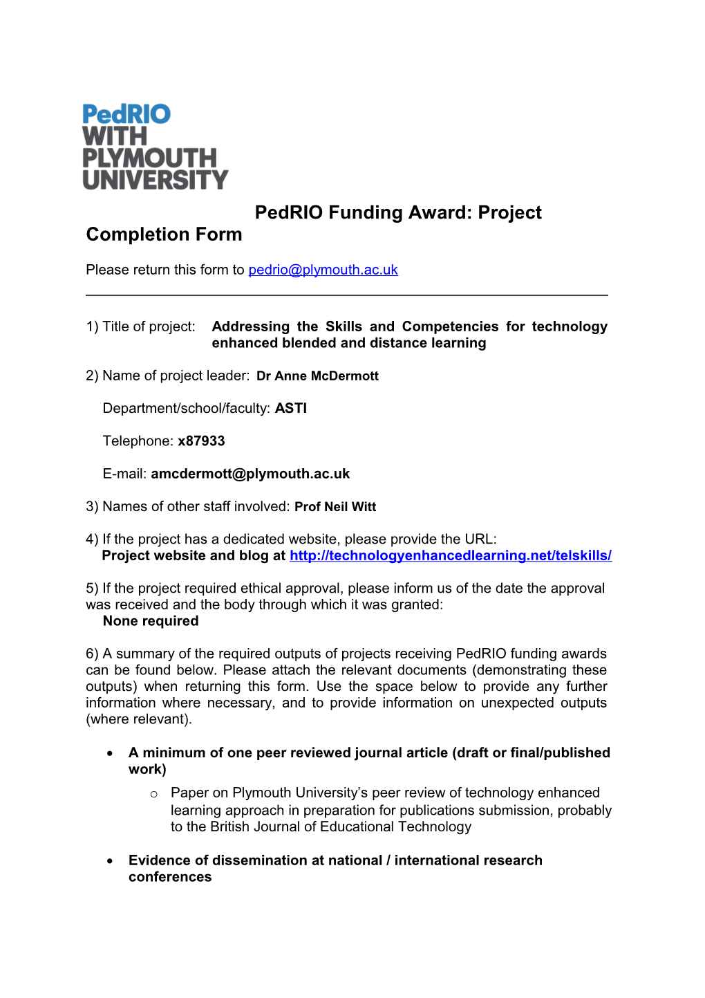 Pedrio Funding Award: Project Completion Form