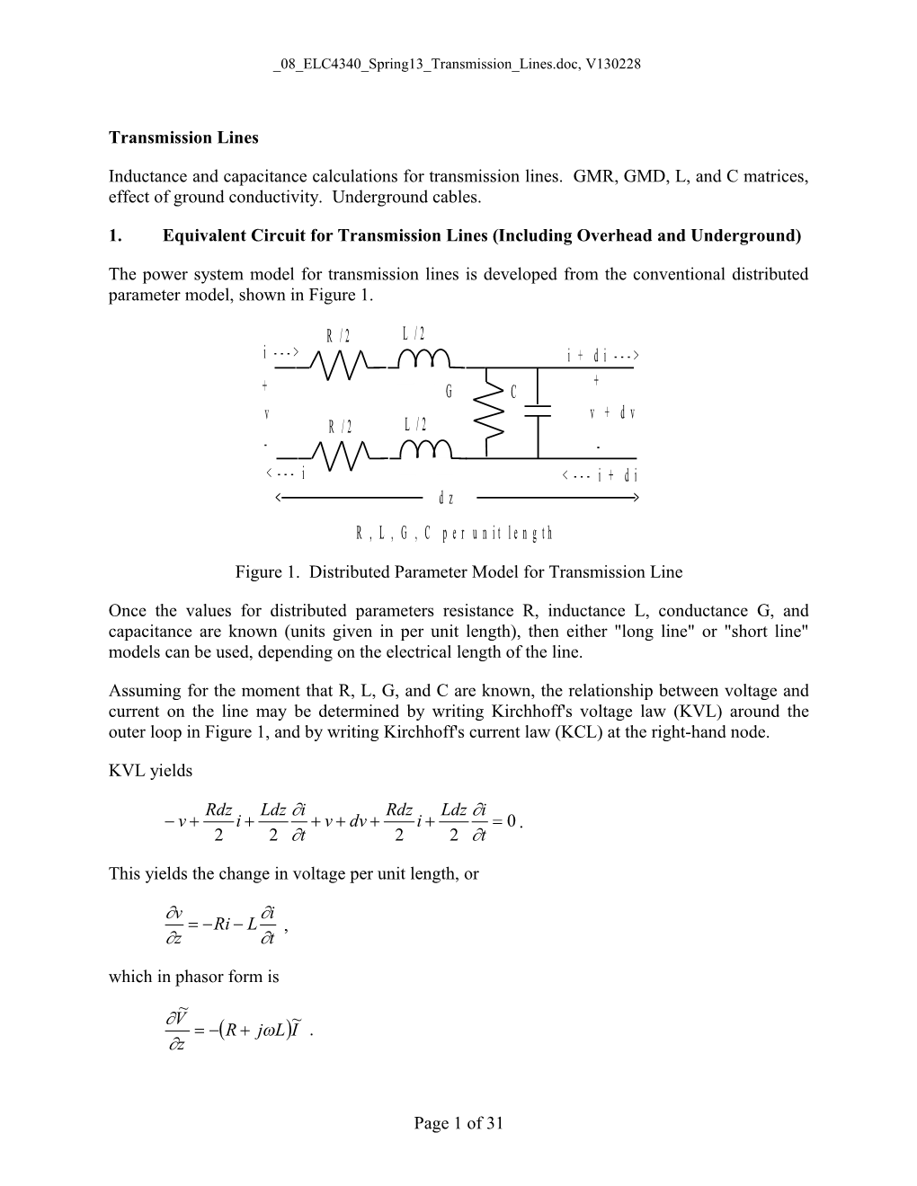 1. Equivalent Circuit for Transmission Lines (Including Overhead and Underground)