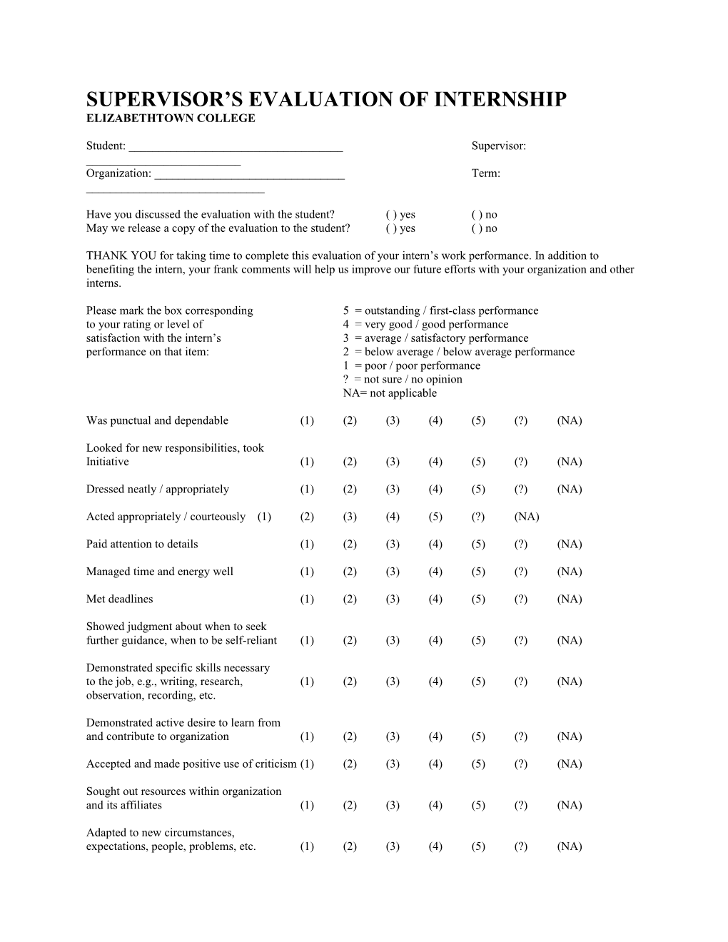 Supervisor S Evaluation of Internship