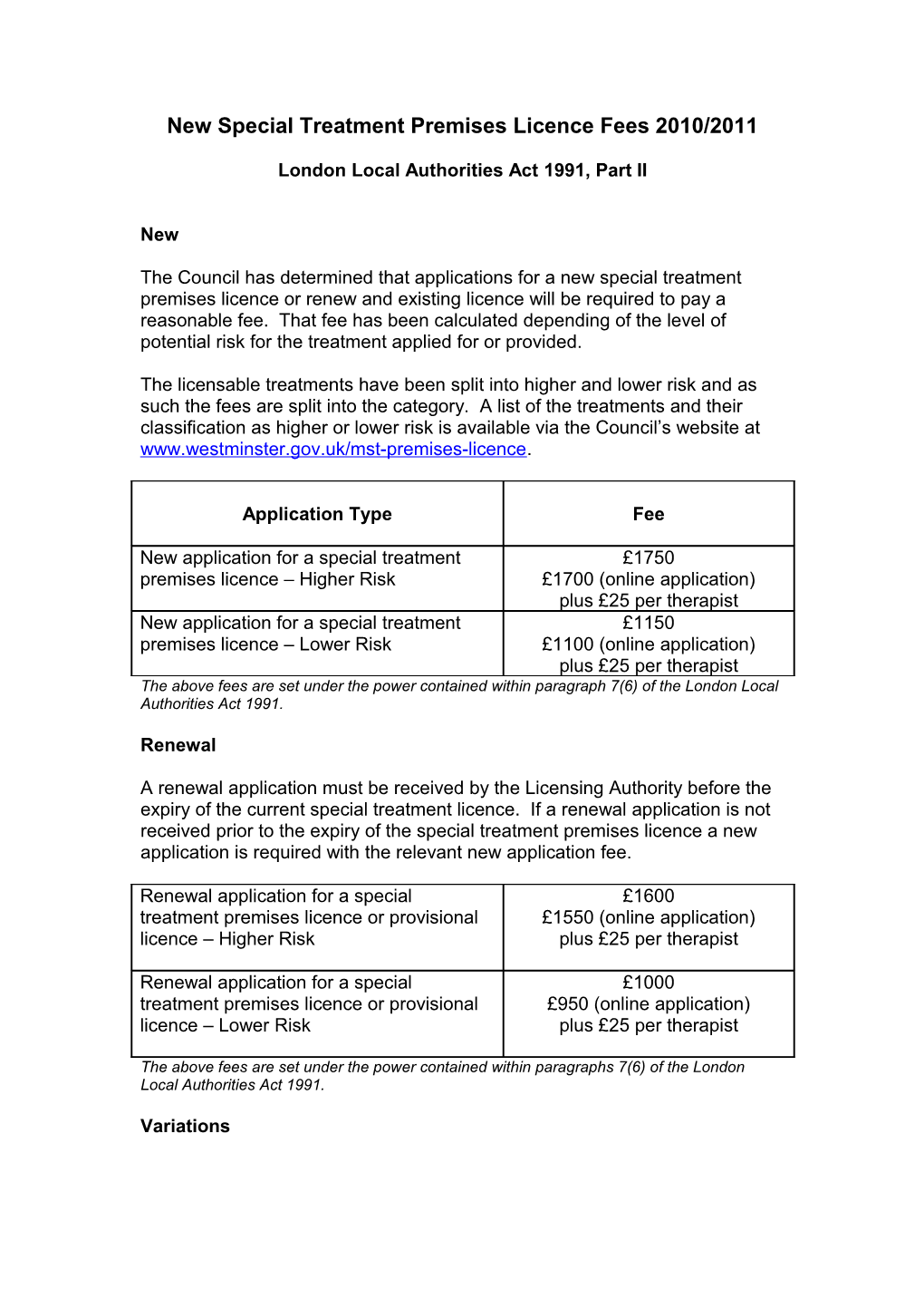 New Special Treatment Premises Licence Fees 2010/2011