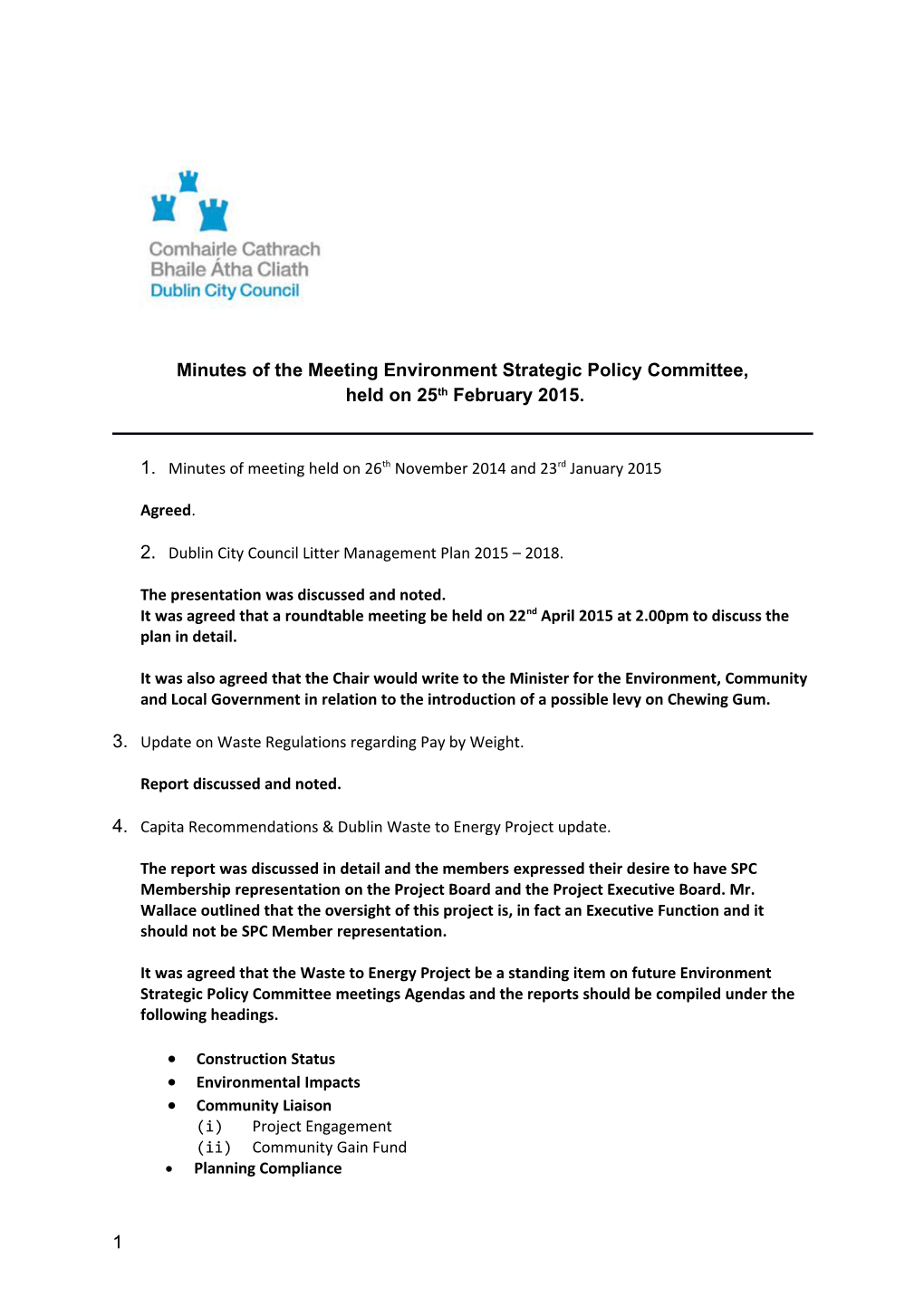 Minutes of the Meeting Environment Strategic Policy Committee