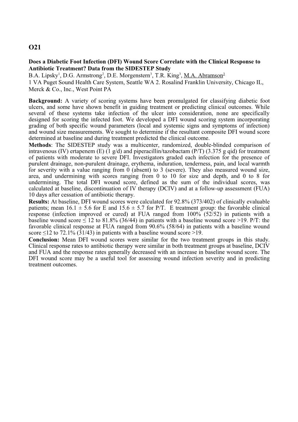 Does a Diabetic Foot Infection (DFI) Wound Score Correlate with the Clinical Response