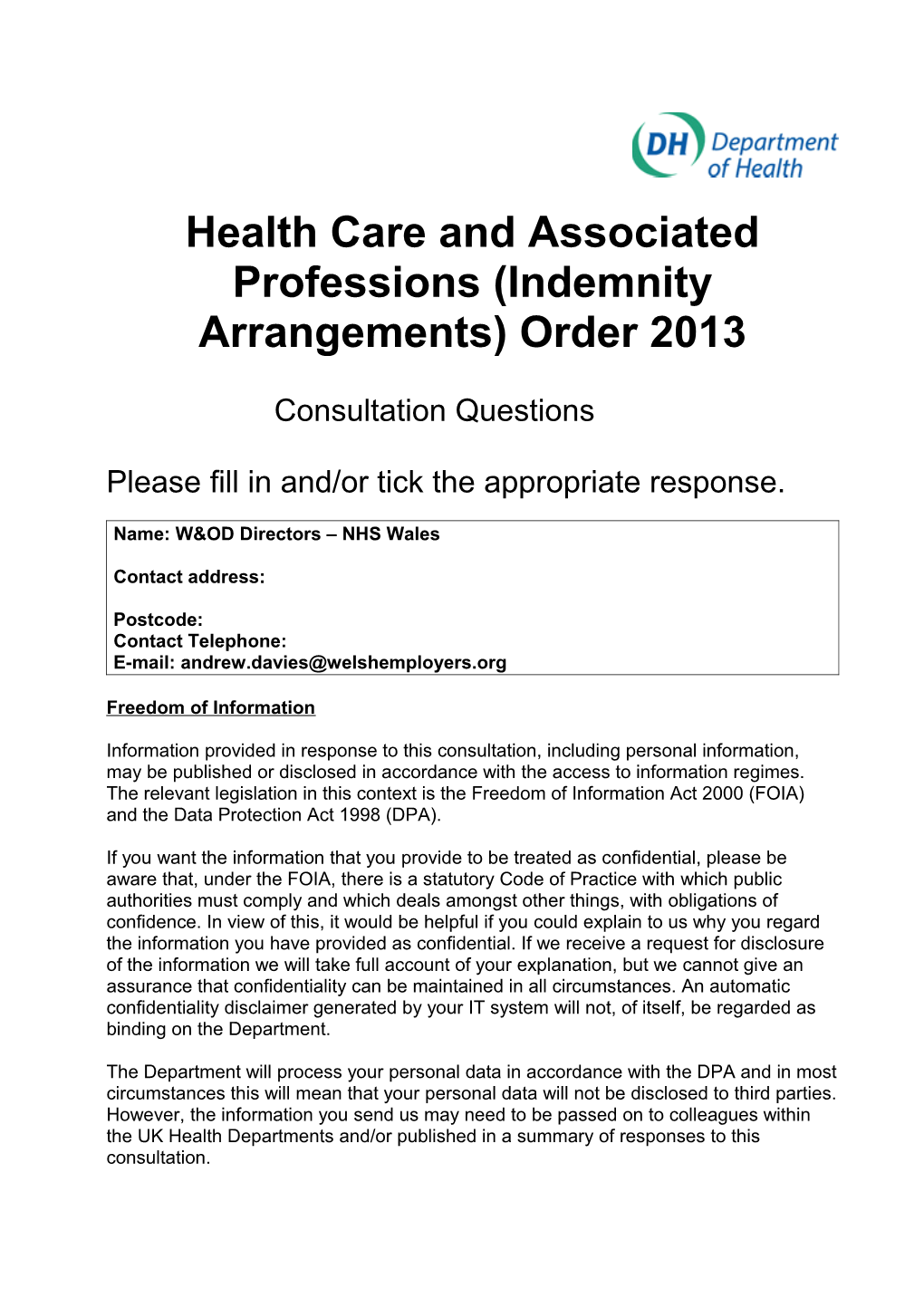 Health Care and Associated Professions (Indemnity Arrangements) Order 2013
