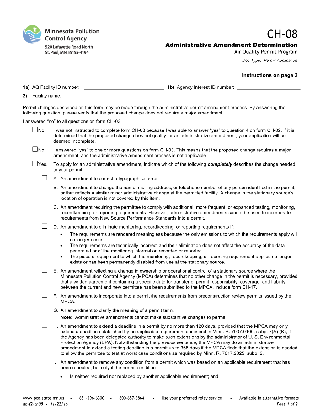 CH-08 Administrative Amendment Determination - Air Quality Permit Program - Form