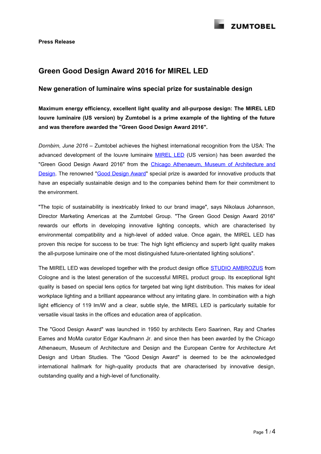 Green Good Design Award 2016 for MIREL LED
