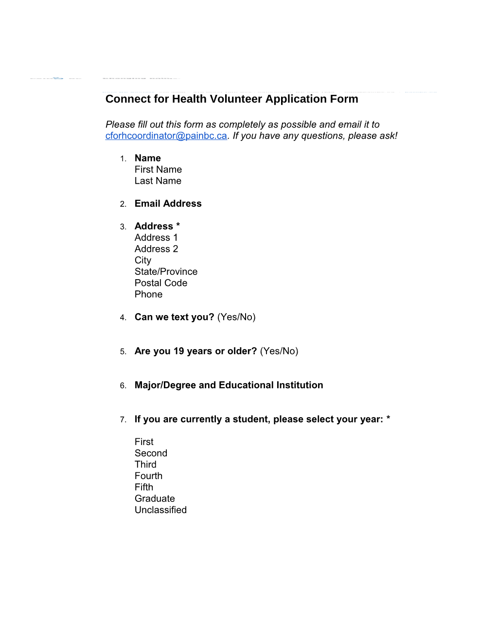 Connect for Health Volunteer Application Form