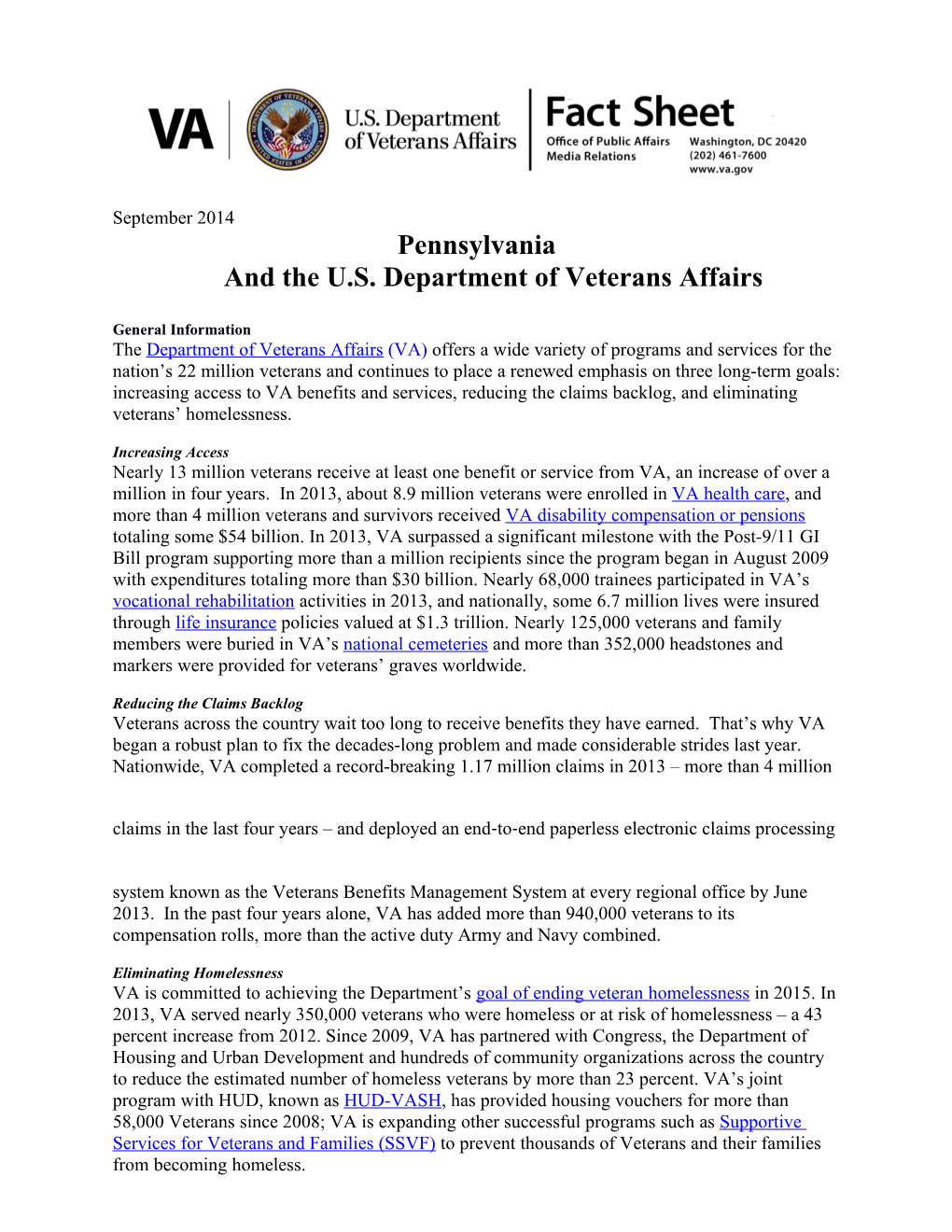 Pennsylvaniaand the U.S. Department of Veterans Affairs