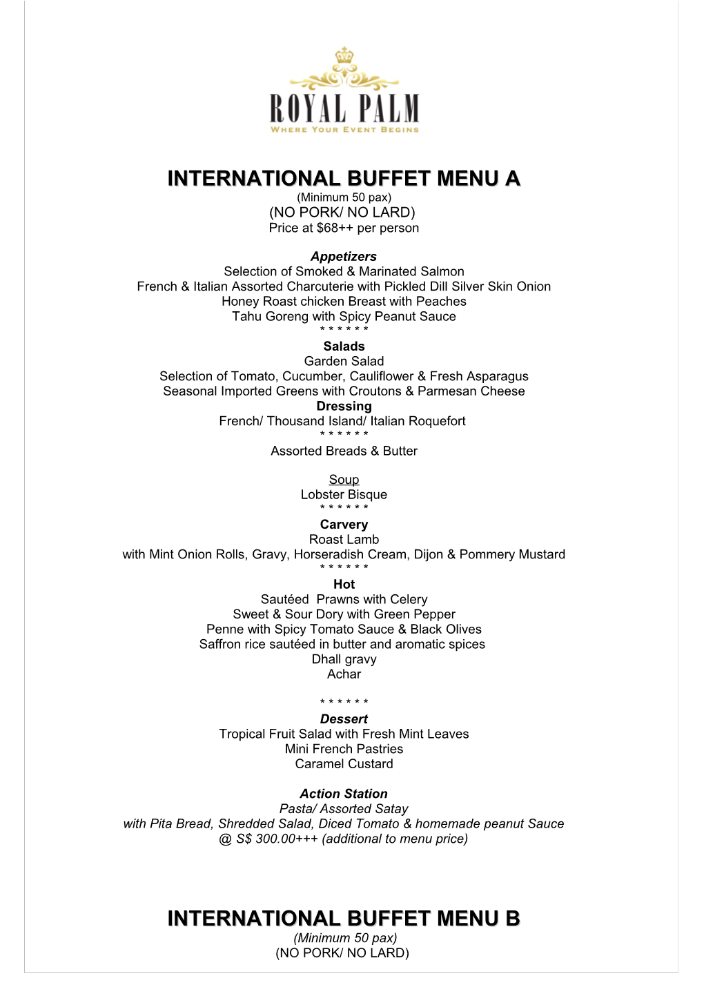 International Buffet Menu A
